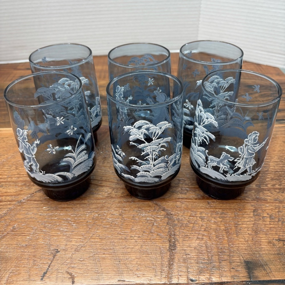 Vintage 1970s Libbey Mary Gregory Blue Drinking Glasses Tumblers Set 6